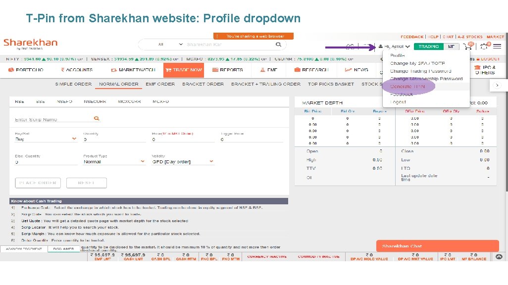 T-Pin from Sharekhan website: Profile dropdown 