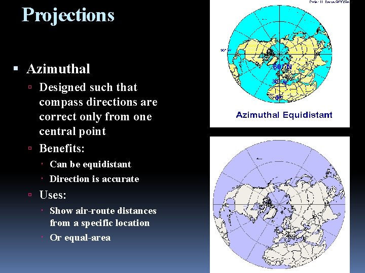 Projections Azimuthal Designed such that compass directions are correct only from one central point