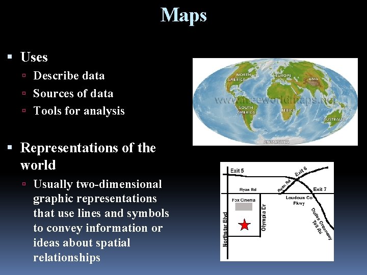 Maps Uses Describe data Sources of data Tools for analysis Representations of the world