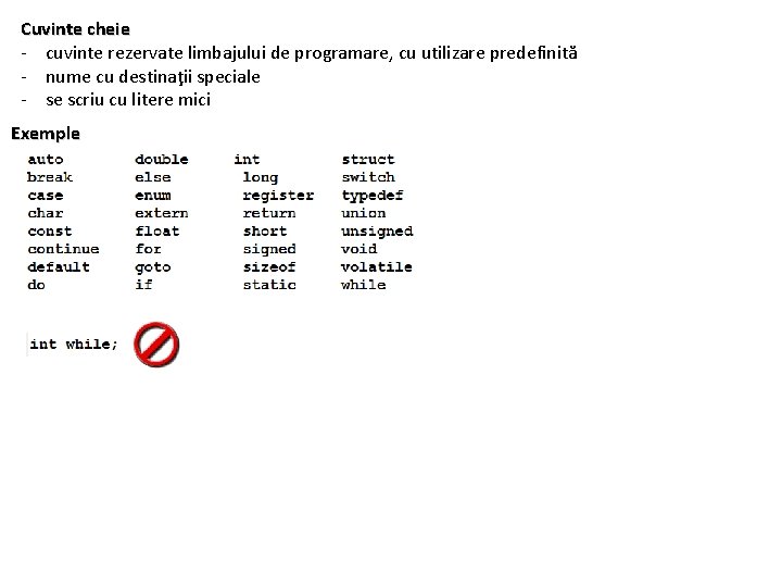 Cuvinte cheie - cuvinte rezervate limbajului de programare, cu utilizare predefinită - nume cu