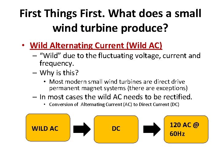 First Things First. What does a small wind turbine produce? • Wild Alternating Current