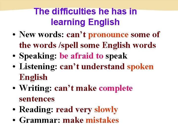 • • • The difficulties he has in learning English New words: can’t • • • The difficulties he has in learning English New words: can’t