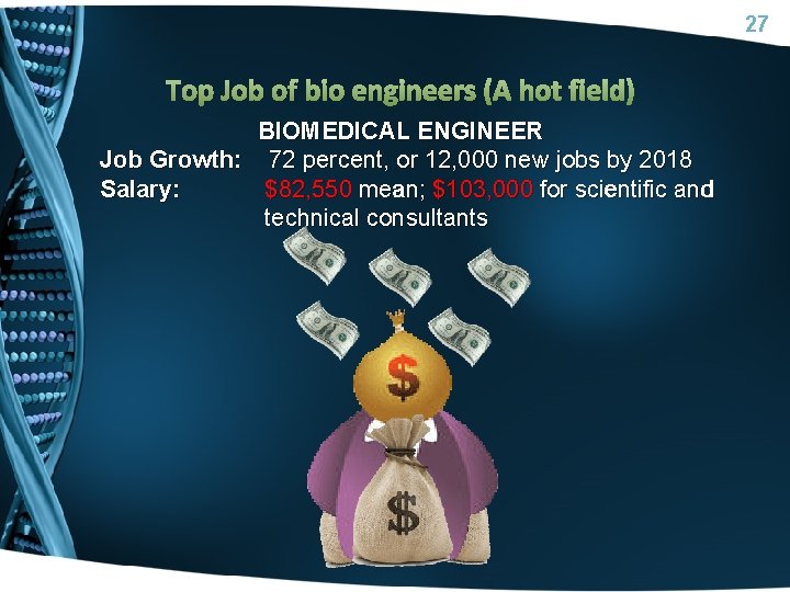 27 Top Job of bio engineers (A hot field) BIOMEDICAL ENGINEER Job Growth: 72