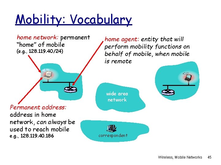 Mobility: Vocabulary home network: permanent “home” of mobile (e. g. , 128. 119. 40/24)