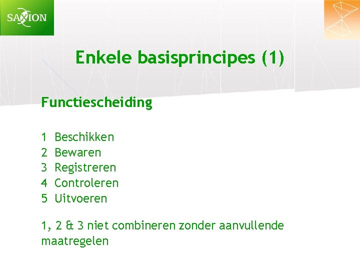 Enkele basisprincipes (1) Functiescheiding 1 2 3 4 5 Beschikken Bewaren Registreren Controleren Uitvoeren