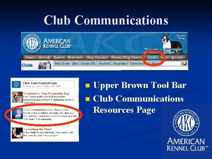 Club Communications Upper Brown Tool Bar n Club Communications Resources Page n 