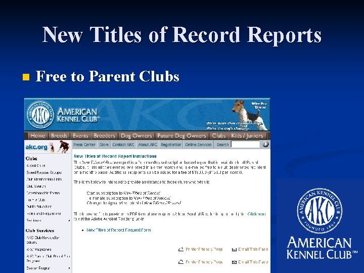 New Titles of Record Reports n Free to Parent Clubs 