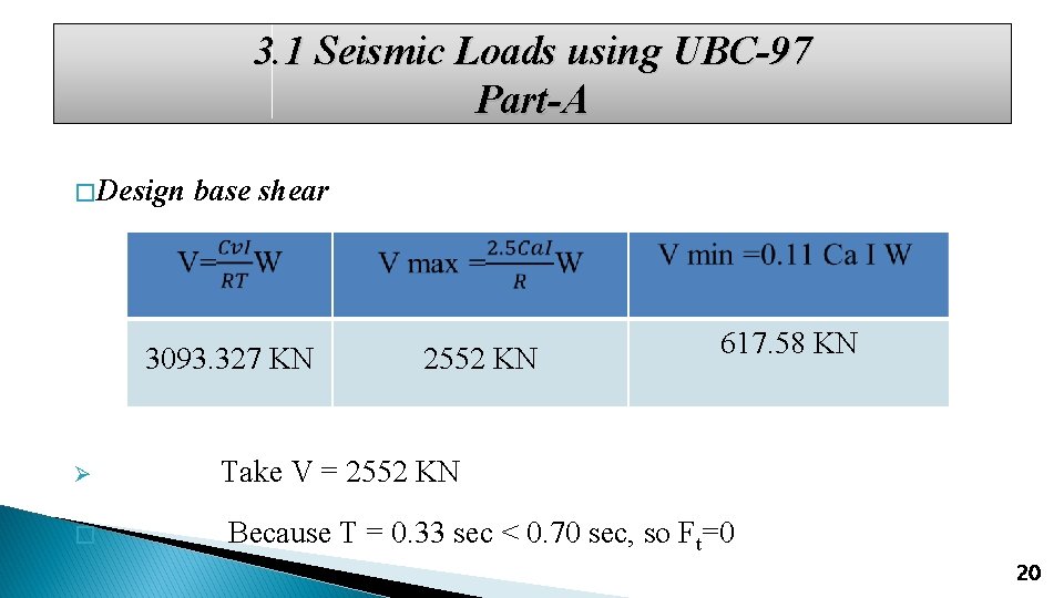 3. 1 Seismic Loads using UBC-97 Part-A � Design base shear 3093. 327 KN