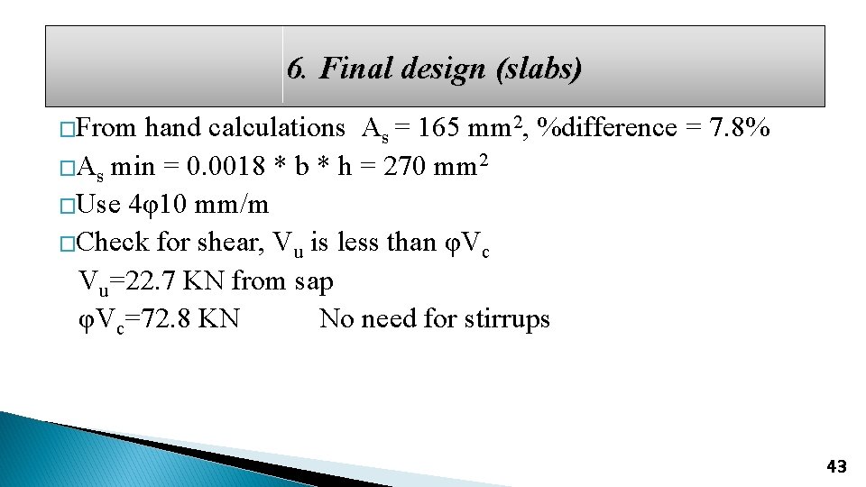 6. Final design (slabs) �From hand calculations As = 165 mm 2, %difference =