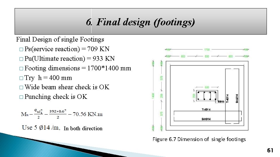6. Final design (footings) Final Design of single Footings � Ps(service reaction) = 709