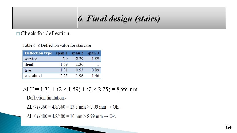 6. Final design (stairs) � Check for deflection ΔLT = 1. 31 + (2