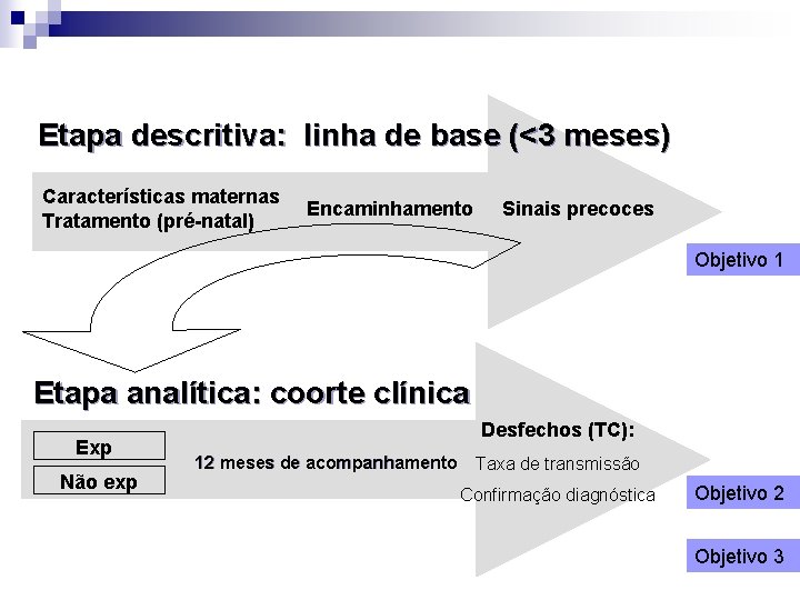 Etapa descritiva: linha de base (<3 meses) Características maternas Tratamento (pré-natal) Encaminhamento Sinais precoces