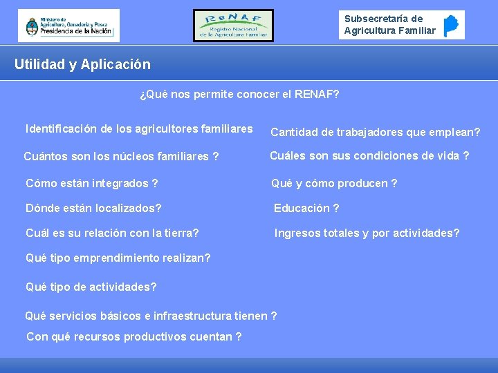 Subsecretaría de Agricultura Familiar Utilidad y Aplicación ¿Qué nos permite conocer el RENAF? Identificación