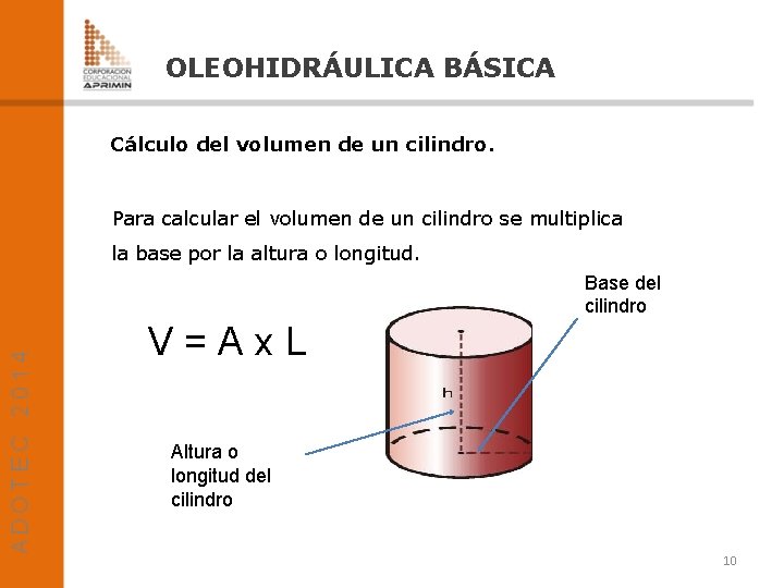 OLEOHIDRÁULICA BÁSICA Cálculo del volumen de un cilindro. Para calcular el volumen de un