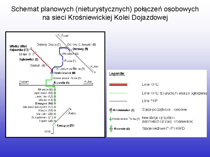 Schemat planowych (nieturystycznych) połączeń osobowych na sieci Krośniewickiej Kolei Dojazdowej 