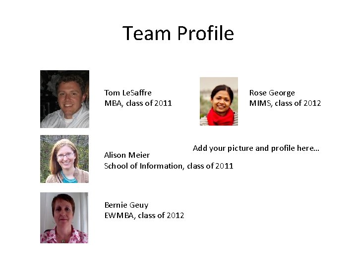 Team Profile Tom Le. Saffre MBA, class of 2011 Rose George MIMS, class of