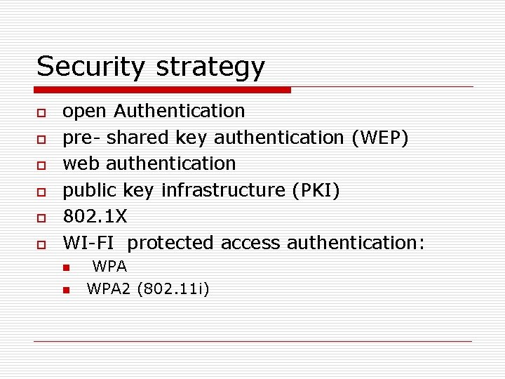 Security strategy o o o open Authentication pre- shared key authentication (WEP) web authentication