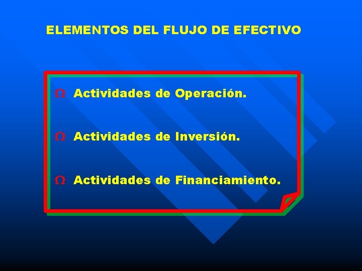 ELEMENTOS DEL FLUJO DE EFECTIVO Ω Actividades de Operación. Ω Actividades de Inversión. Ω