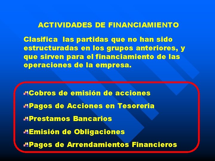 ACTIVIDADES DE FINANCIAMIENTO Clasifica las partidas que no han sido estructuradas en los grupos