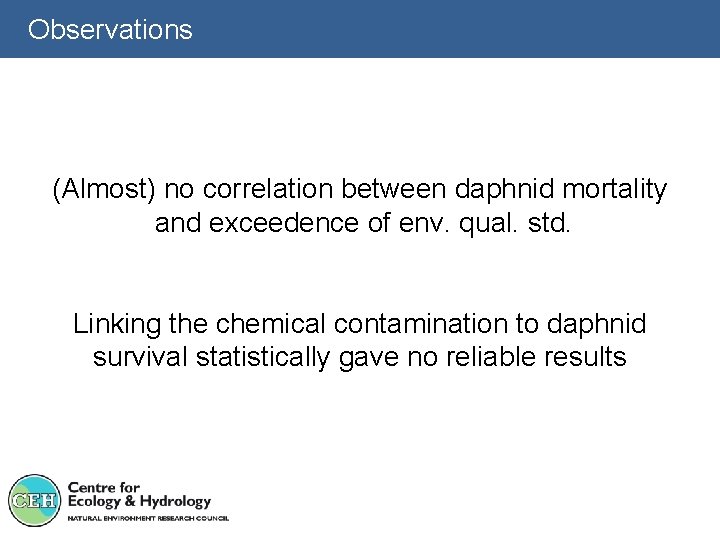 Observations (Almost) no correlation between daphnid mortality and exceedence of env. qual. std. Linking