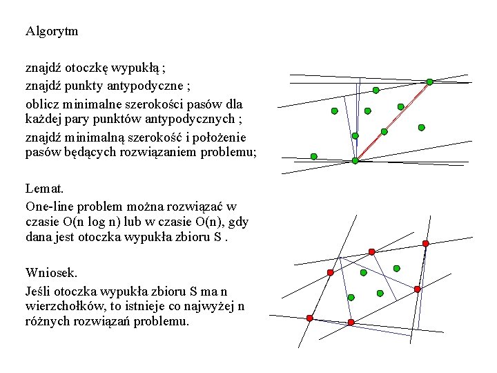 Algorytm znajdź otoczkę wypukłą ; znajdź punkty antypodyczne ; oblicz minimalne szerokości pasów dla