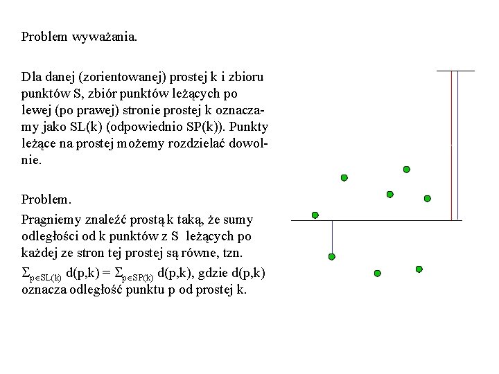 Problem wyważania. Dla danej (zorientowanej) prostej k i zbioru punktów S, zbiór punktów leżących