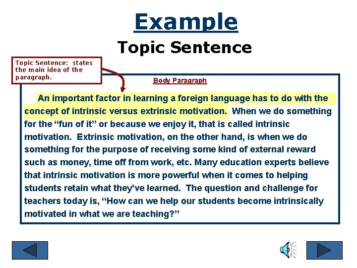 Example Topic Sentence: states the main idea of the paragraph. Body Paragraph An important