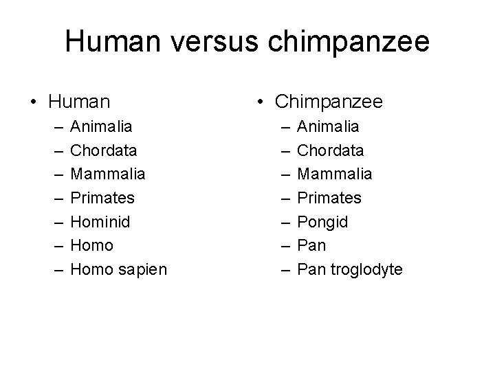 Human versus chimpanzee • Human – – – – Animalia Chordata Mammalia Primates Hominid
