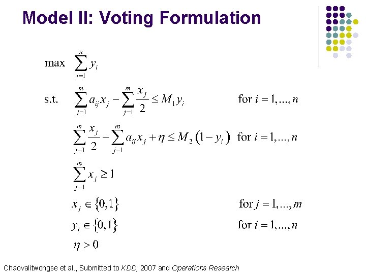 Model II: Voting Formulation Chaovalitwongse et al. , Submitted to KDD, 2007 and Operations