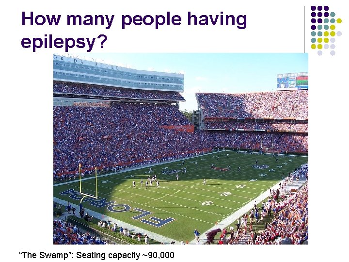 How many people having epilepsy? “The Swamp”: Seating capacity ~90, 000 