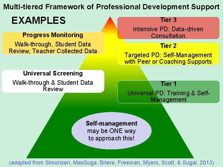 Multi-tiered Framework of Professional Development Support EXAMPLES Progress Monitoring Walk-through, Student Data Review, Teacher