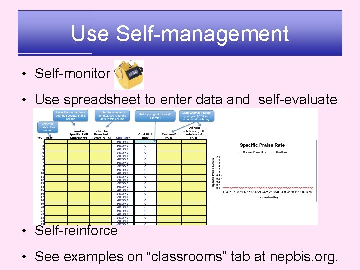 Use Self-management • Self-monitor • Use spreadsheet to enter data and self-evaluate • Self-reinforce