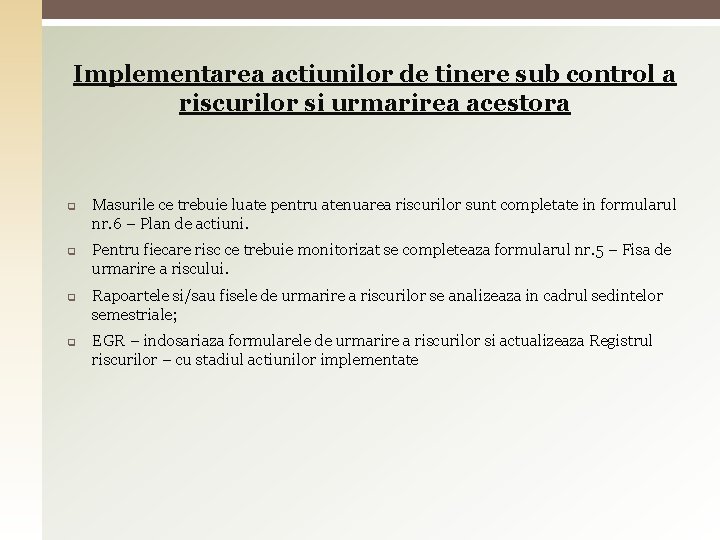 Implementarea actiunilor de tinere sub control a riscurilor si urmarirea acestora q q Masurile