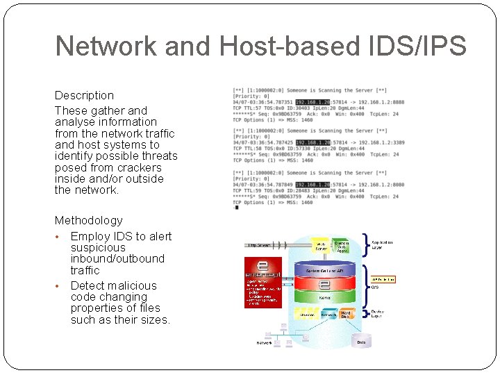 Network and Host-based IDS/IPS Description These gather and analyse information from the network traffic