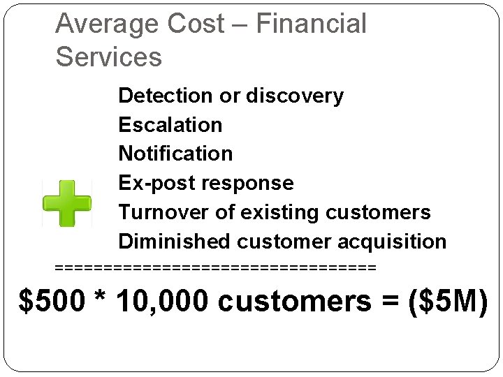 Average Cost – Financial Services Detection or discovery Escalation Notification Ex-post response Turnover of