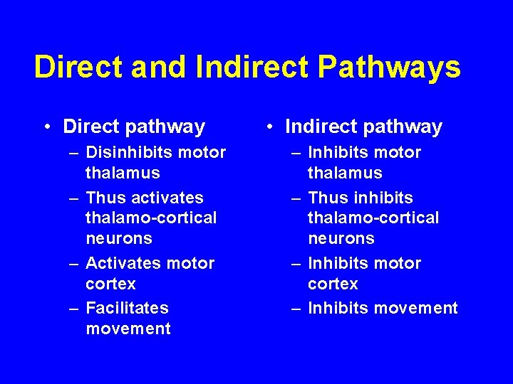 Direct and Indirect Pathways • Direct pathway – Disinhibits motor thalamus – Thus activates