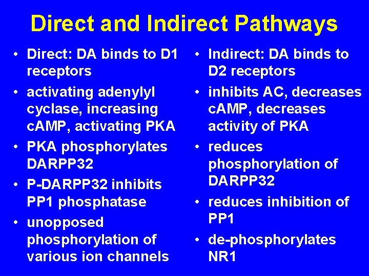 Direct and Indirect Pathways • Direct: DA binds to D 1 receptors • activating