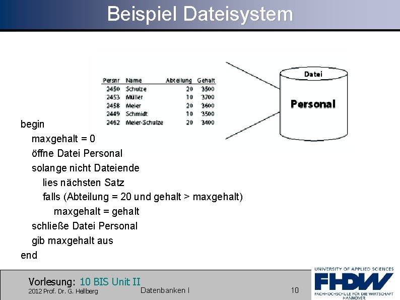 Beispiel Dateisystem begin maxgehalt = 0 öffne Datei Personal solange nicht Dateiende lies nächsten