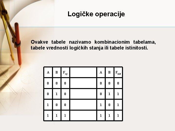 Logičke operacije Ovakve tabele nazivamo kombinacionim tabelama, tabele vrednosti logičkih stanja ili tabele istinitosti.