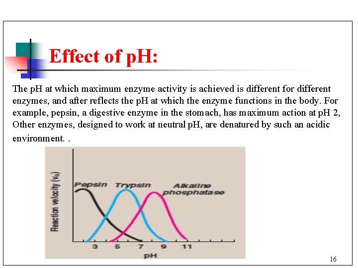 Effect of p. H: The p. H at which maximum enzyme activity is achieved