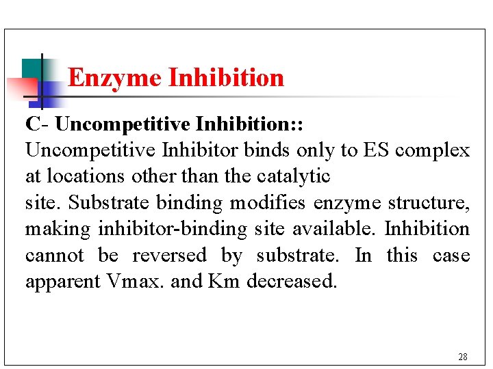 Enzyme Inhibition C- Uncompetitive Inhibition: : Uncompetitive Inhibitor binds only to ES complex at