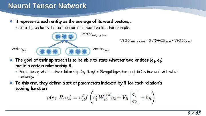 Neural Tensor Network It represents each entity as the average of its word vectors,