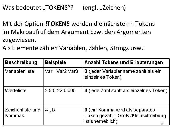 Was bedeutet „TOKENS“? (engl. „Zeichen) Mit der Option !TOKENS werden die nächsten n Tokens