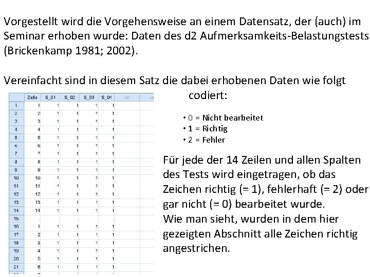 Vorgestellt wird die Vorgehensweise an einem Datensatz, der (auch) im Seminar erhoben wurde: Daten