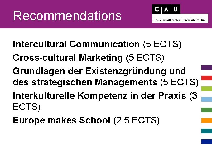 Recommendations Intercultural Communication (5 ECTS) Cross-cultural Marketing (5 ECTS) Grundlagen der Existenzgründung und des