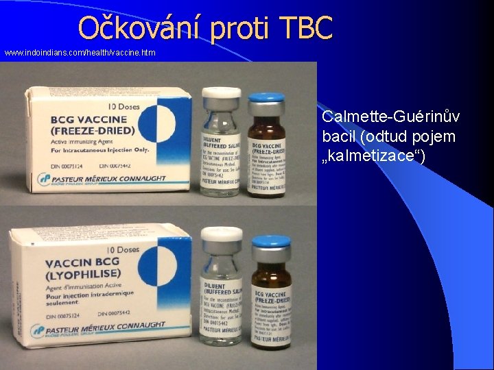 Očkování proti TBC www. indoindians. com/health/vaccine. htm Calmette-Guérinův bacil (odtud pojem „kalmetizace“) 
