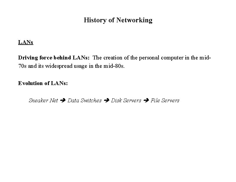 History of Networking LANs Driving force behind LANs: The creation of the personal computer