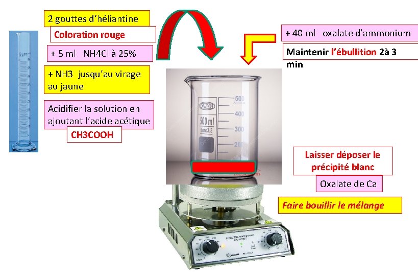 2 gouttes d’héliantine Coloration rouge + 5 ml NH 4 Cl à 25% +