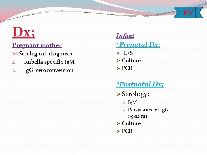 RV Dx; Pregnant mother Serological diagnosis 1. Rubella specific Ig. M 2. Ig. G