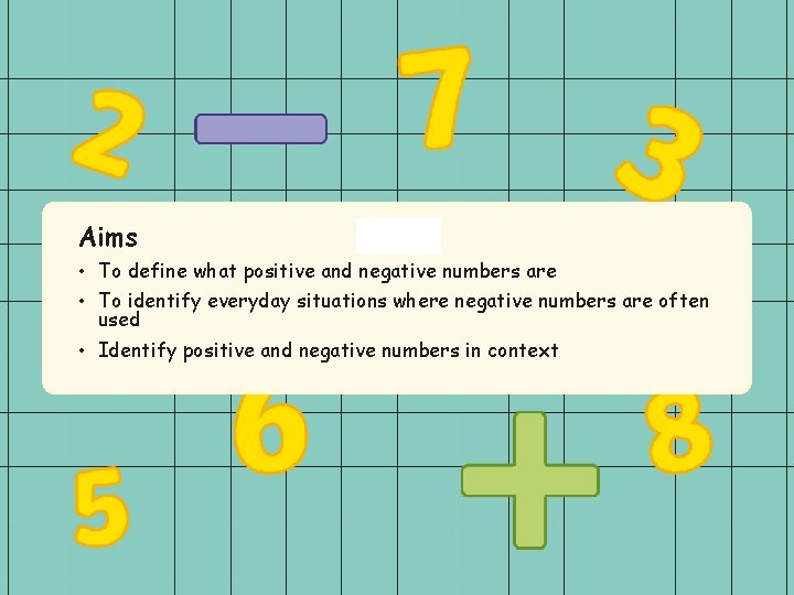 Aims Aim • To define what positive and negative numbers are • To identify